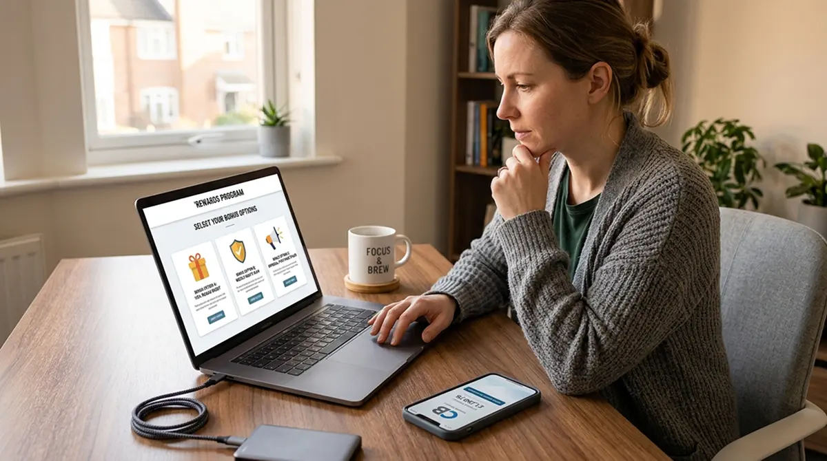Person an Laptop bei der Auswahl von Bonusarten im Online-Casino