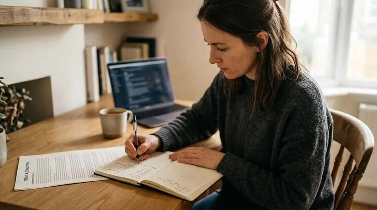 Person am Schreibtisch rechnet Umsatzbedingungen eines Bonusangebots mit Stift und Notizblock durch