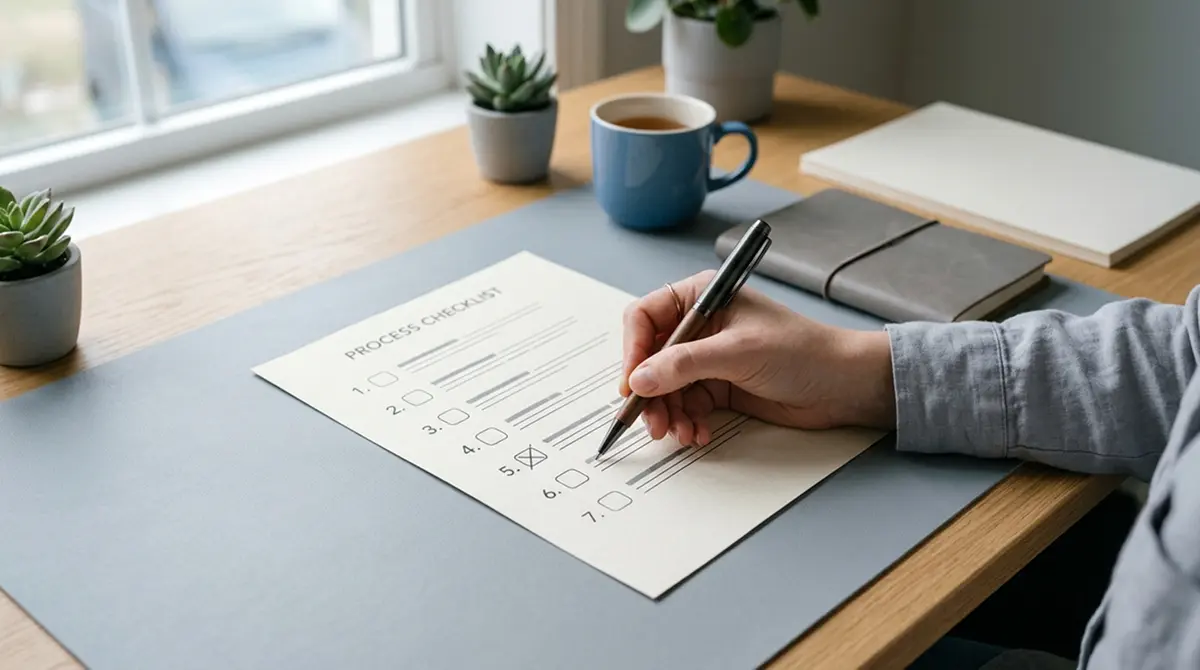 Hand mit Stift neben einer siebenstufigen Prüfliste für Bonusbedingungen