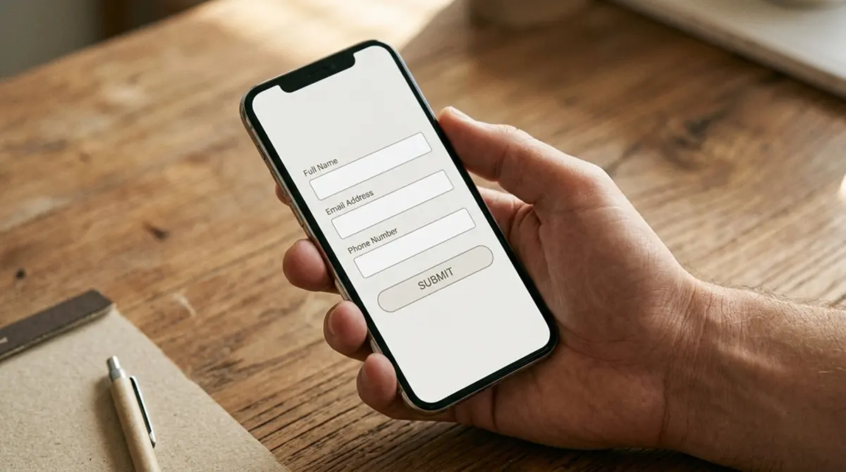 Hand hält ein Telefon mit neutralem Einzahlungsformular über einem Schreibtisch