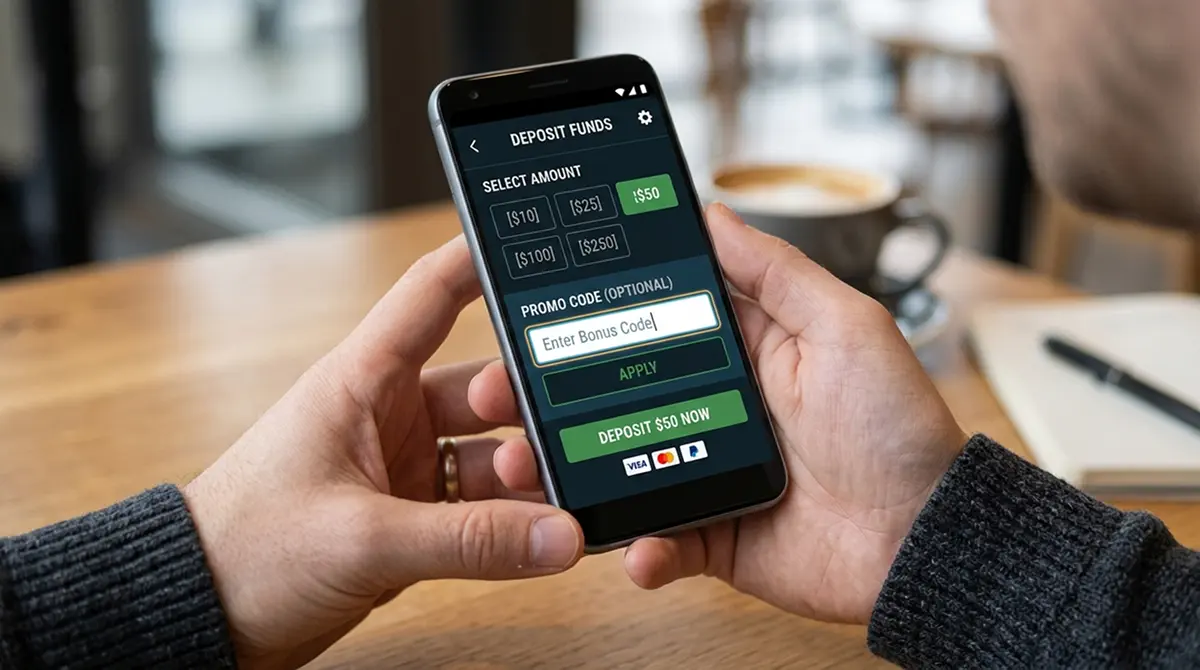 Smartphone mit Casino-Einzahlungsbildschirm und Bonuscode-Eingabefeld
