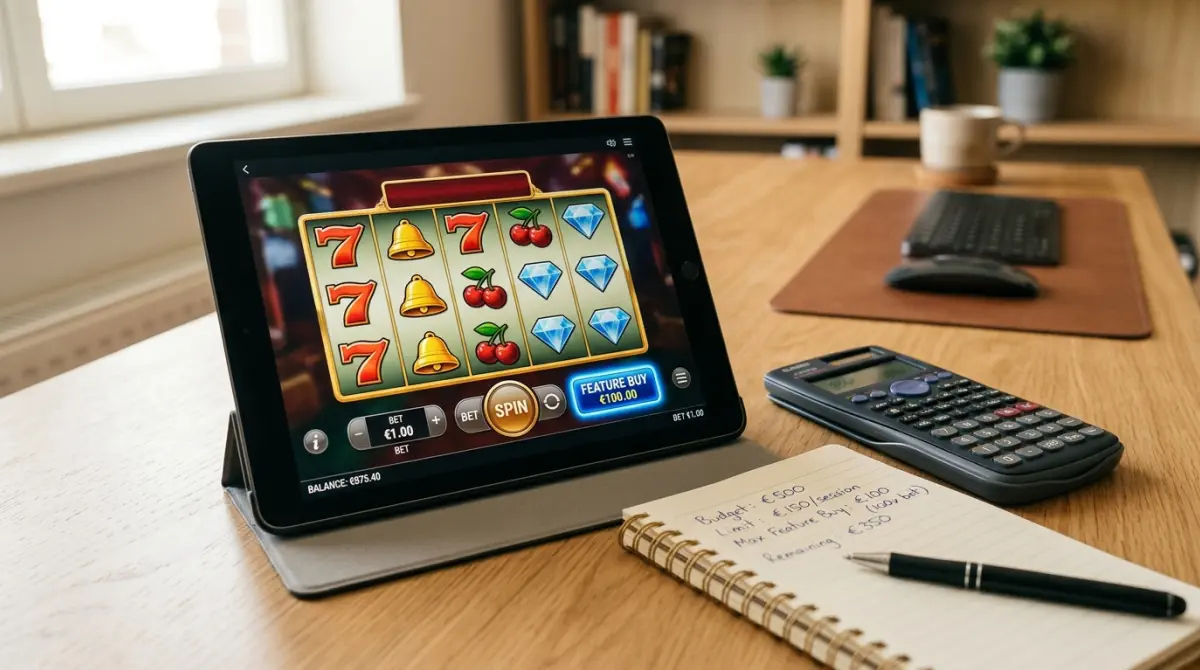 Tablet mit generischem Slot-Interface und deutlich sichtbarem Feature-Buy-Button neben Notizblock mit Budget-Rechnung