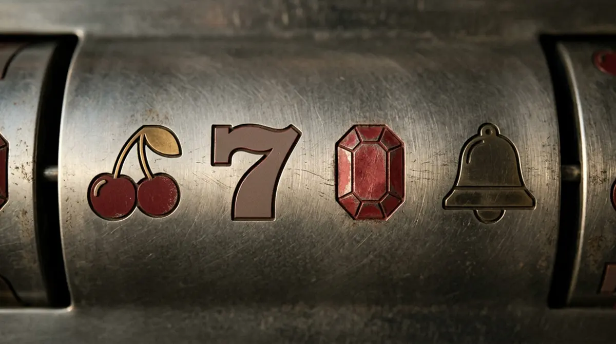 Detailaufnahme klassischer Slot-Symbole verschiedener Provider auf stilisierten Walzen