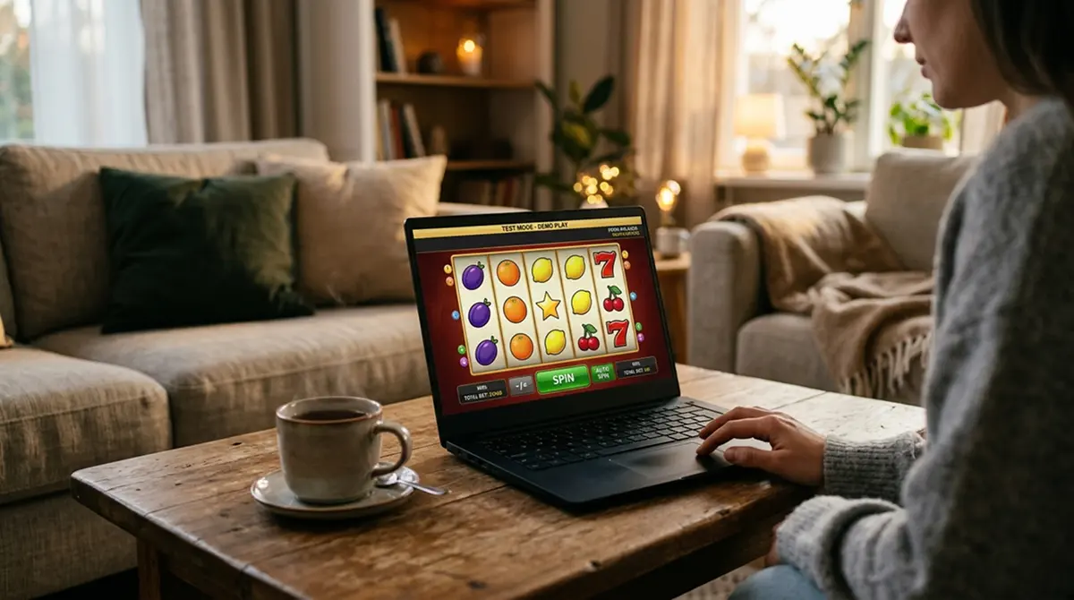 Bildschirm mit einem Spielautomaten im Demo-Modus und Spielguthaben-Anzeige