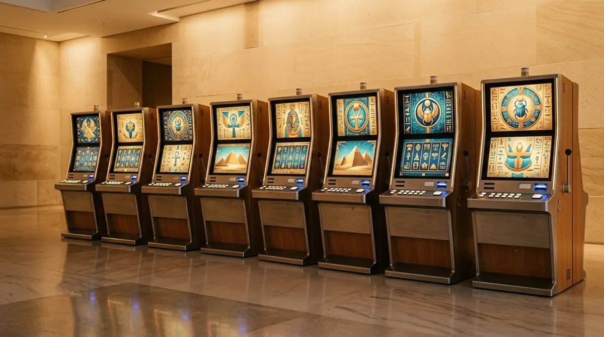 Regal mit mehreren generischen Spielautomaten-Motiven im ägyptischen Stil nebeneinander als Sinnbild für legale Alternativen