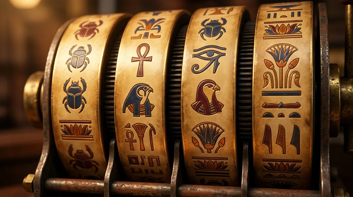 Mehrere generische Spielautomaten-Walzen mit ornamentalen Symbolen nebeneinander als Sinnbild für verschiedene Book-of-Ra-Varianten
