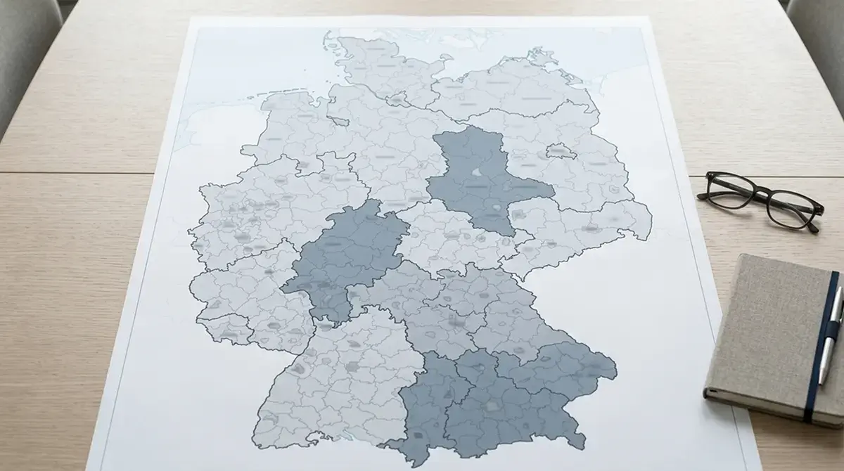 Landkarte Deutschlands mit farblich hervorgehobenen Bundesländern auf einem Besprechungstisch