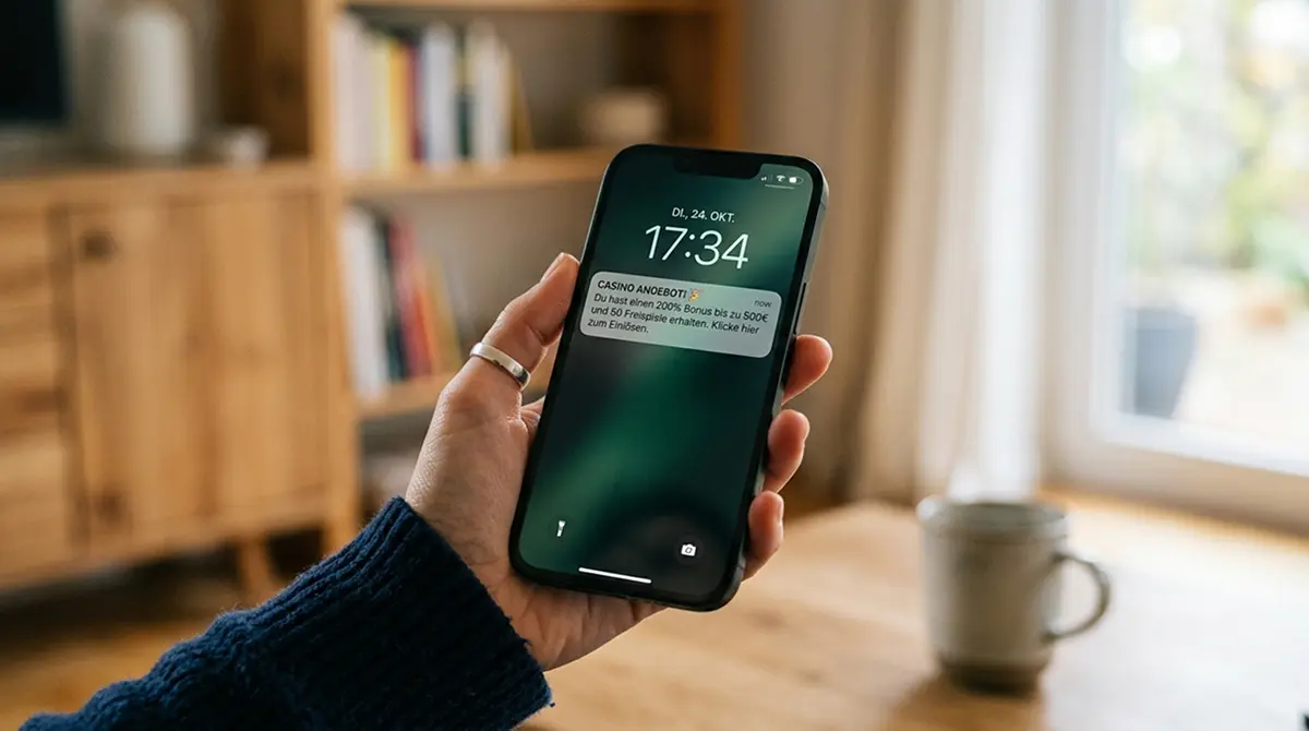 Smartphone mit Casino-App und aktiver Bonusbenachrichtigung