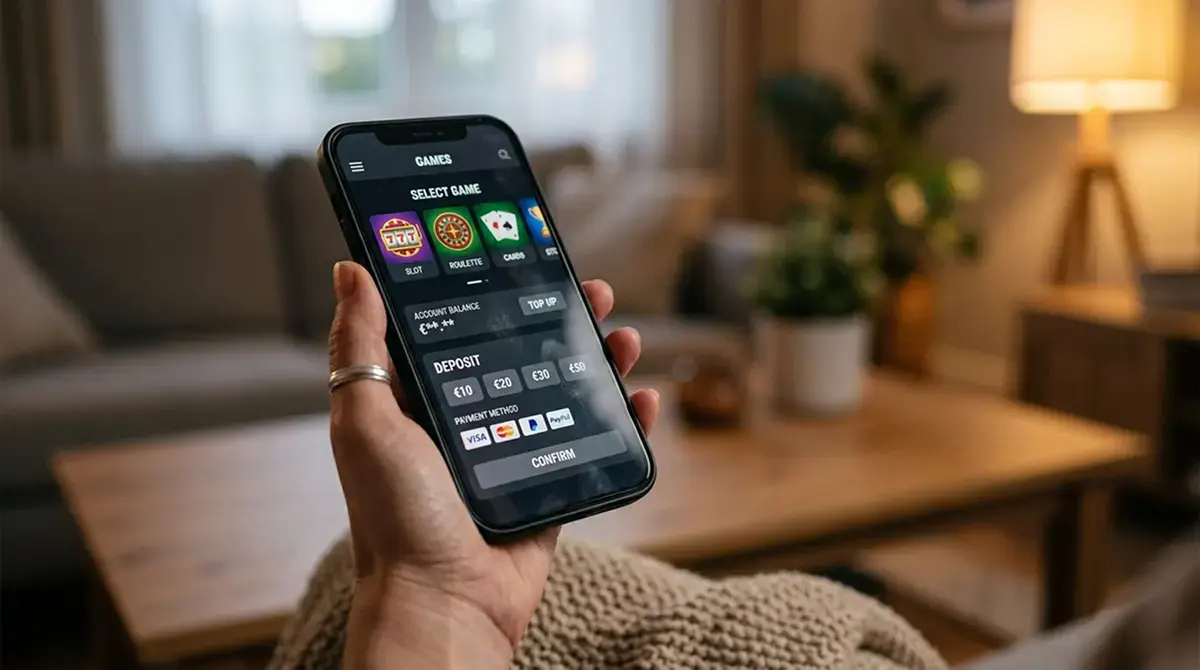 Hand hält ein Smartphone mit neutraler Spieloberfläche in ruhiger Umgebung