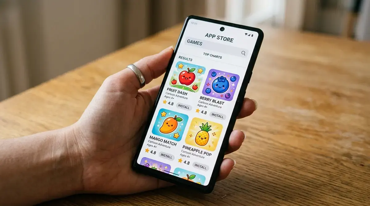 App-Store-Suche mit bunten Spielgeld-Apps statt echter Echtgeld-Casinos