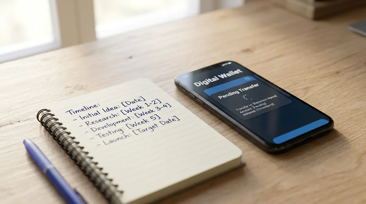 Smartphone mit Wallet-Transfer-Benachrichtigung neben Notizblock mit Zeitplan