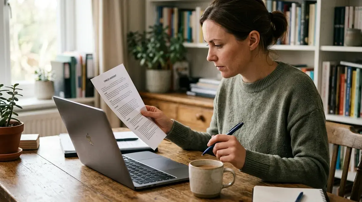 Person liest Umsatzbedingungen eines Bonus am Laptop und auf Papier