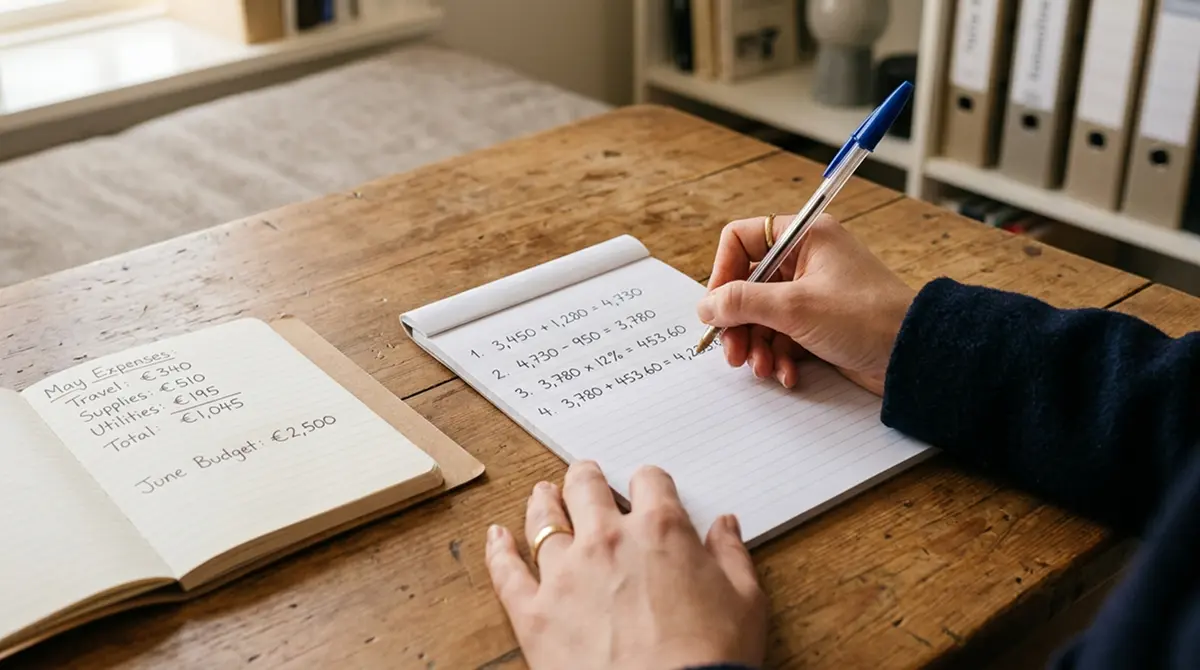 Schreibtisch mit handschriftlichen Umsatznotizen und Stift neben einem Notizbuch