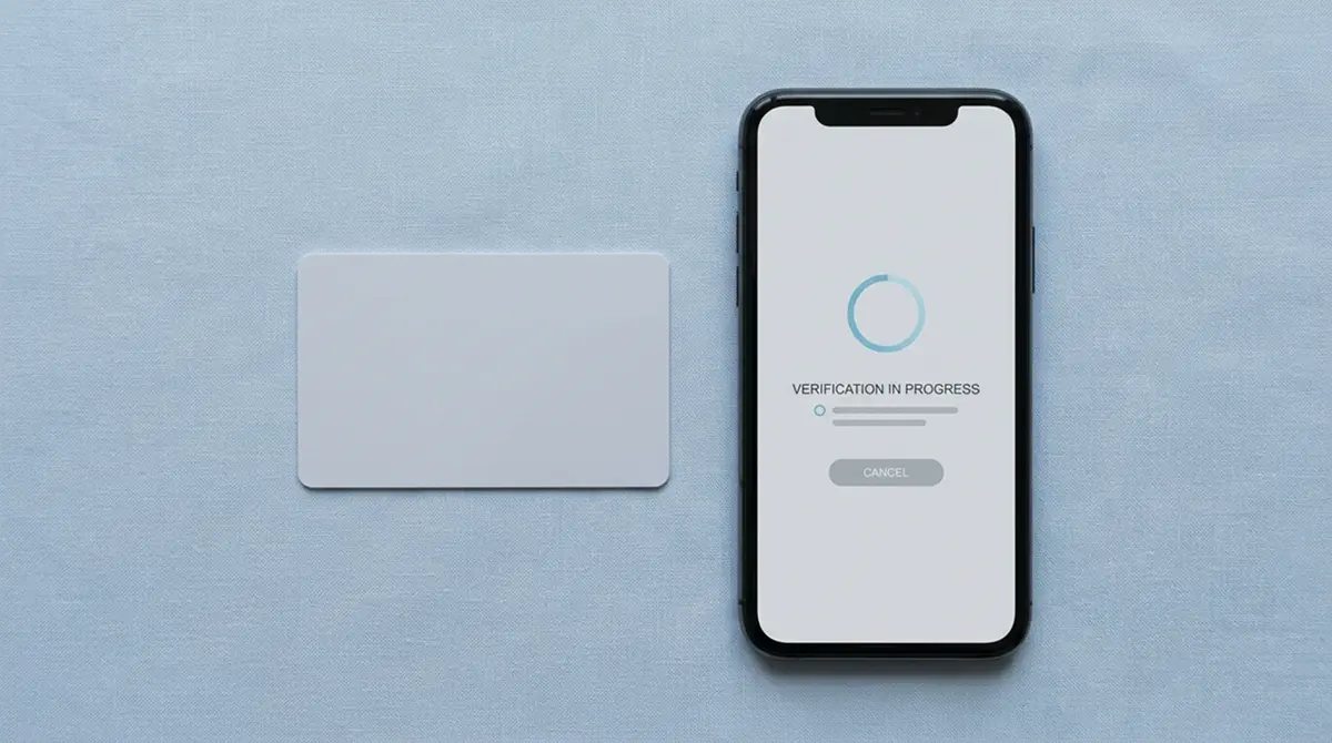 Ausweisdokument neben einem Mobiltelefon mit neutraler Prüfungsansicht auf einfarbiger Unterlage