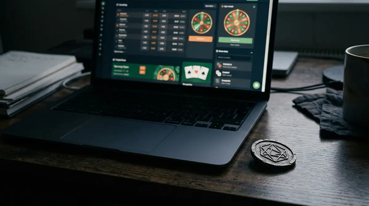 Laptop mit unscheinbarer Glücksspielseite und einem abstrakten Krypto-Zeichen in gedämpftem Licht