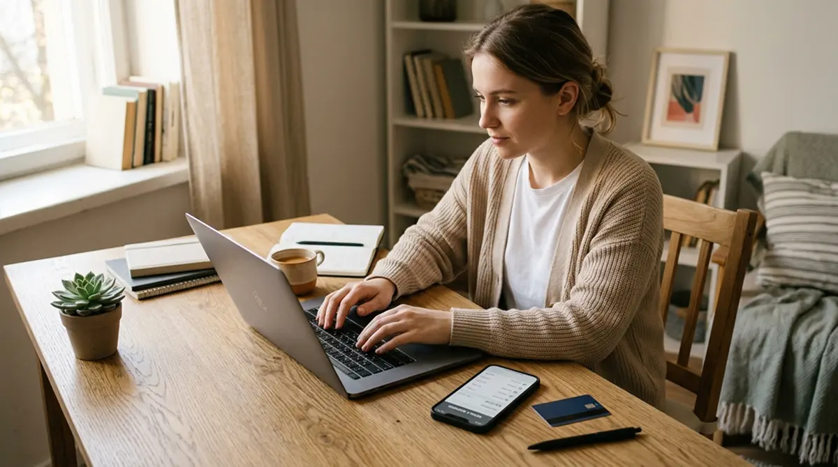 Person zahlt am Laptop mit Smartphone und Kreditkarte auf dem Tisch