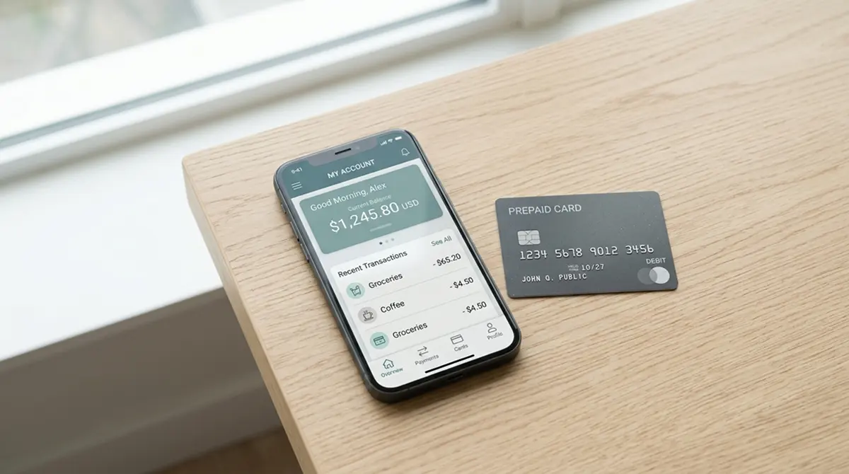Notebook und Smartphone mit Online-Banking-Interface auf einem Schreibtisch