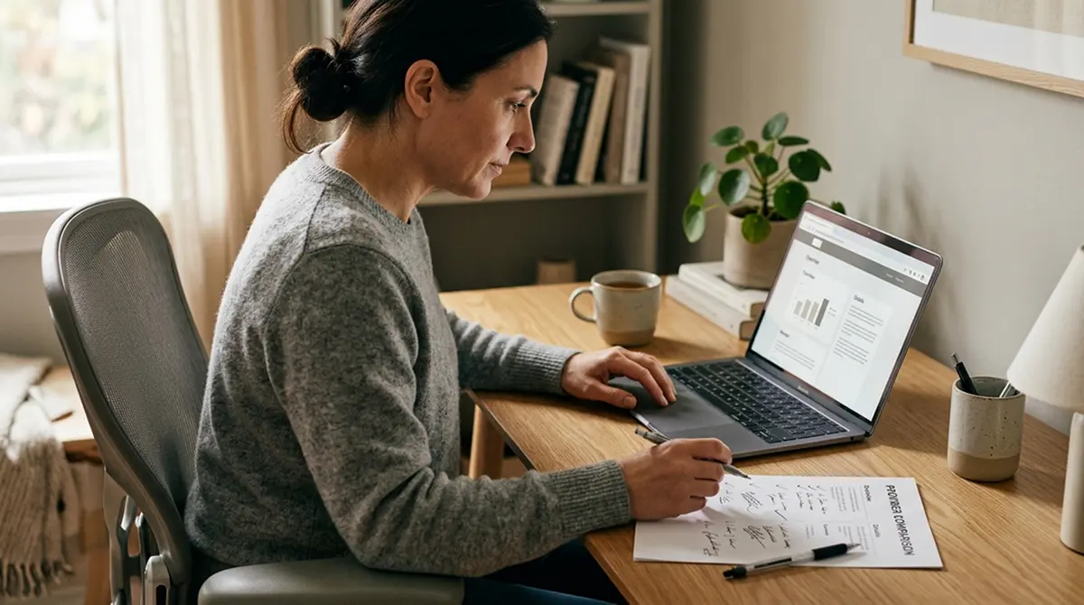 Person am Laptop vergleicht eine Anbieterliste mit Notizen auf einem aufgeräumten Schreibtisch