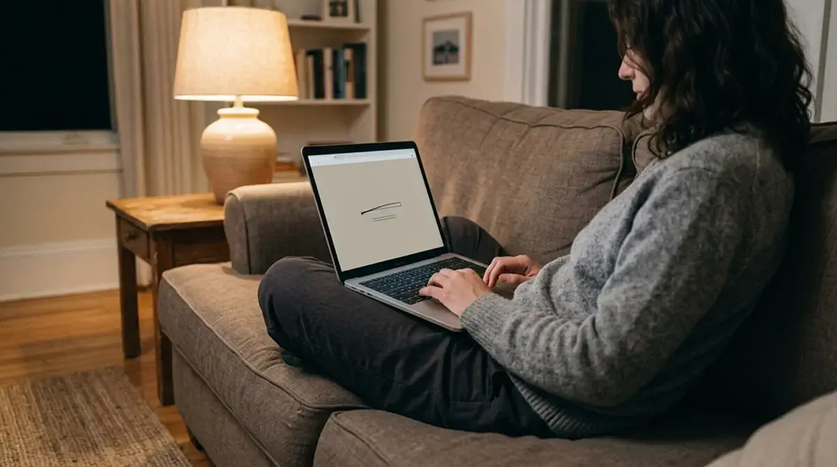 Person testet ein Spiel am Laptop mit neutraler Oberfläche ohne Markenzeichen