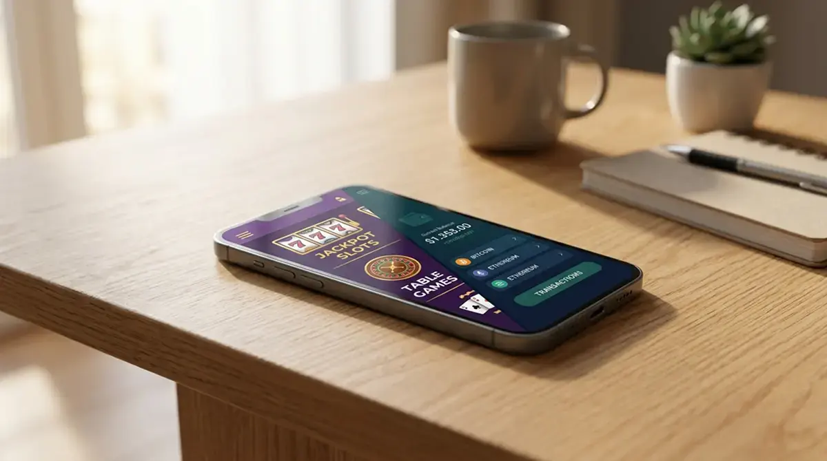 Smartphone mit mehreren geöffneten Casino-Apps und Krypto-Wallet