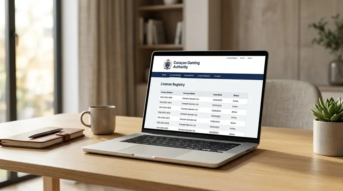 Laptop mit geöffnetem Portal der Curaçao Gaming Authority und Lizenzregister