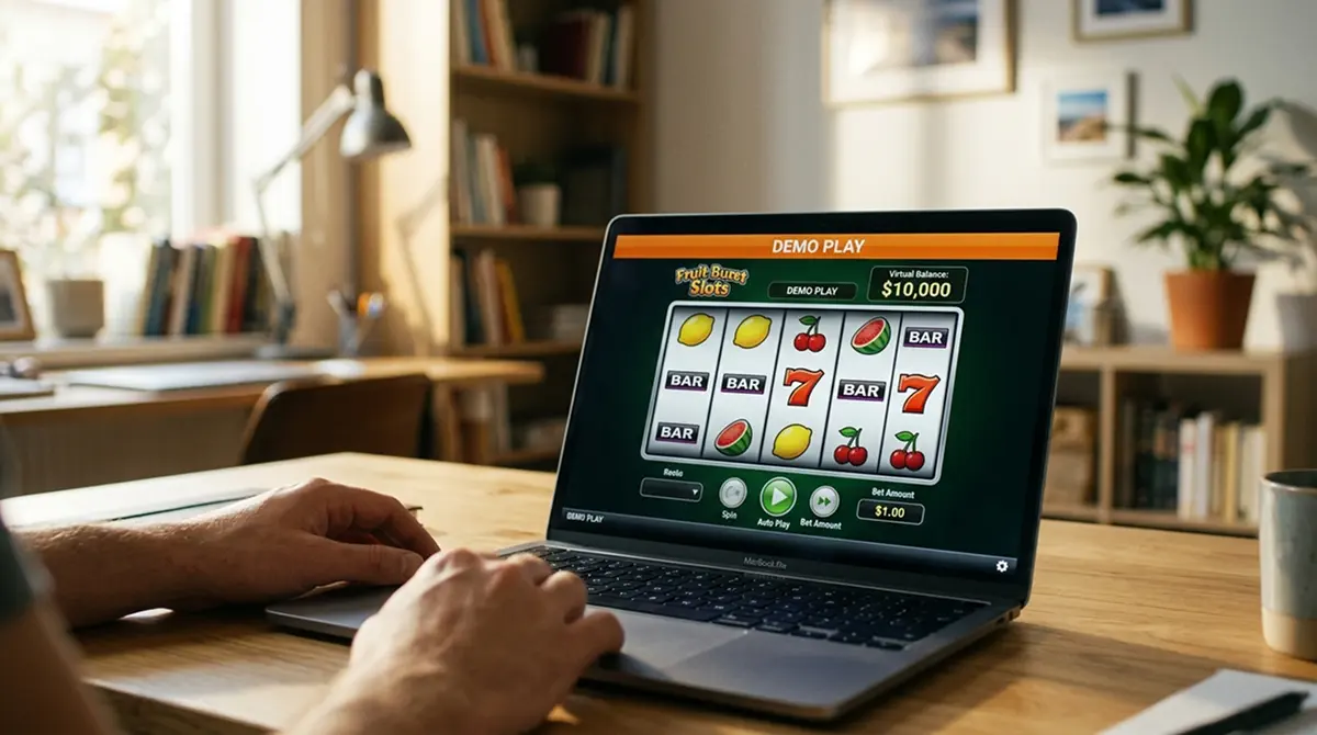 Laptop-Bildschirm mit Slot im Demo-Modus und sichtbarem virtuellen Spielguthaben in ruhiger Home-Office-Umgebung