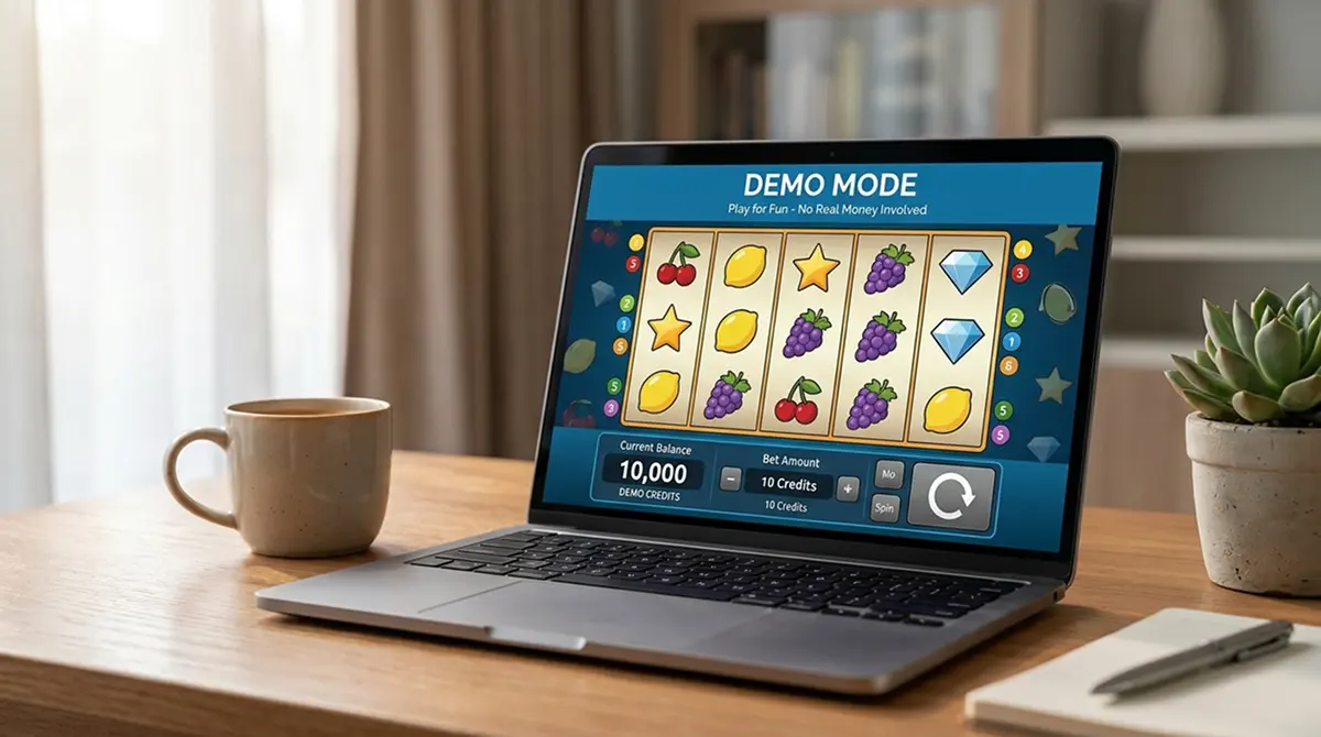 Slot-Interface mit Demo-Modus-Anzeige und Spielgeld-Zähler auf Laptop