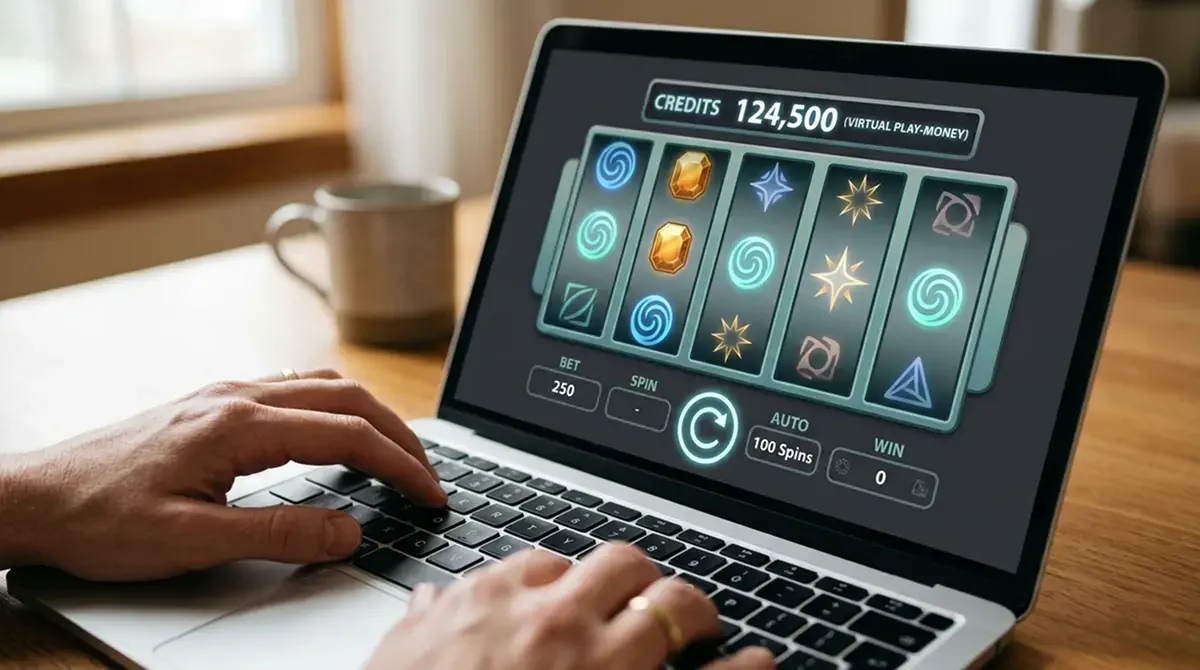 Spielgeld-Guthaben im Demo-Modus eines Spielautomaten am Bildschirm