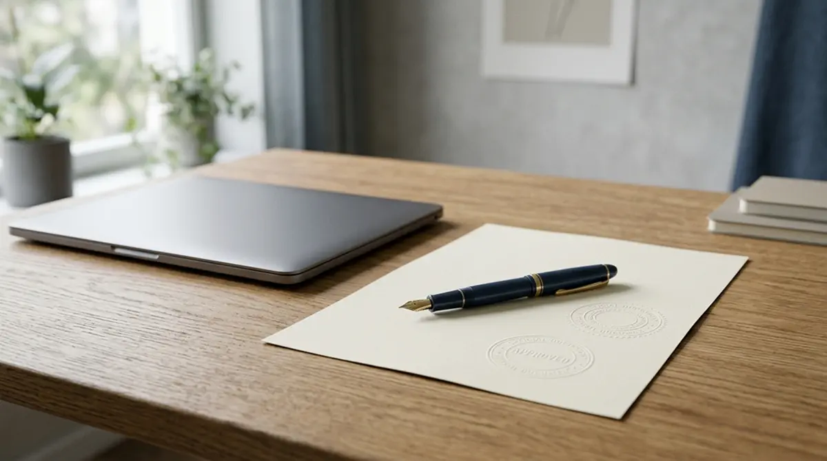 Neutrales Lizenzdokument mit Amtsstempel und gestaffelter Einsatzregelung auf einem Schreibtisch