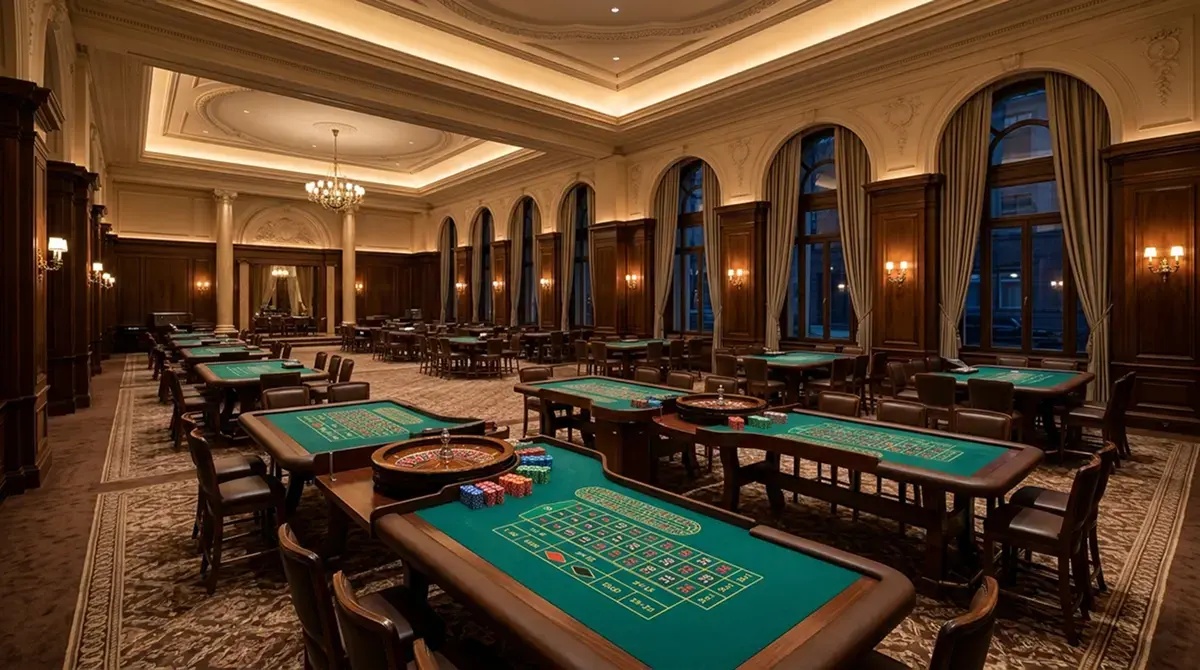 Eleganter Spielsaal einer deutschen Spielbank mit Tischen für das klassische Spiel