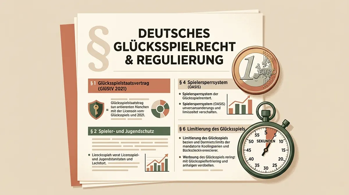 Dokument mit Paragrafenzeichen und Euro-Münze symbolisiert deutsche Glücksspielregulierung