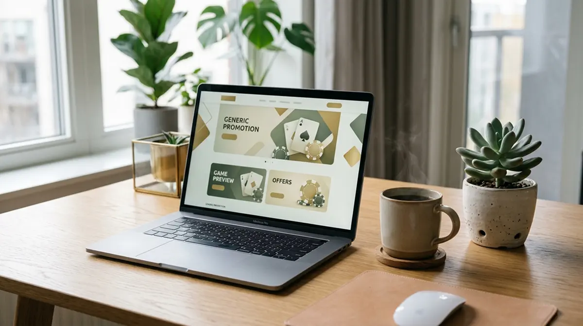 Laptop mit neutralem Casino-Interface im GGL-Rahmen und geöffneter Startguthaben-Aktion