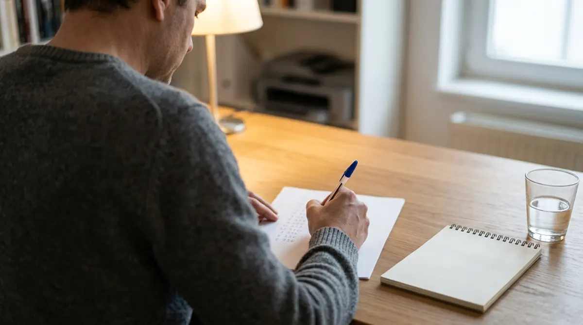 Person notiert mit Stift Zahlenreihen auf einem Blatt Papier am Schreibtisch