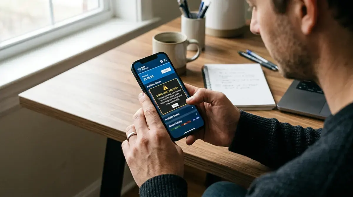 Person prüft auf Smartphone das neue gestaffelte Einsatzlimit im Casino-Account
