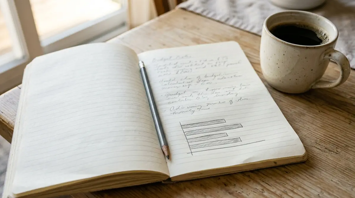 Notizbuch mit handschriftlich notiertem Budgetplan neben einer Tasse Kaffee