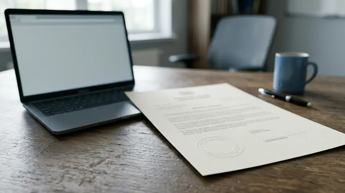 Amtliches Dokument mit Erlaubnisvermerk neben einem Laptop mit neutraler Oberfläche