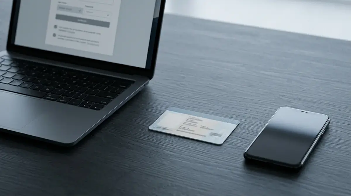 Ausweisdokument neben einem Laptop mit neutraler Kontoübersicht