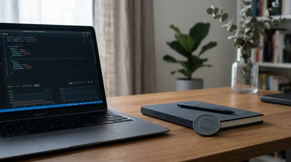 Ethereum-Token auf einem Schreibtisch neben einem Laptop mit neutraler Oberfläche