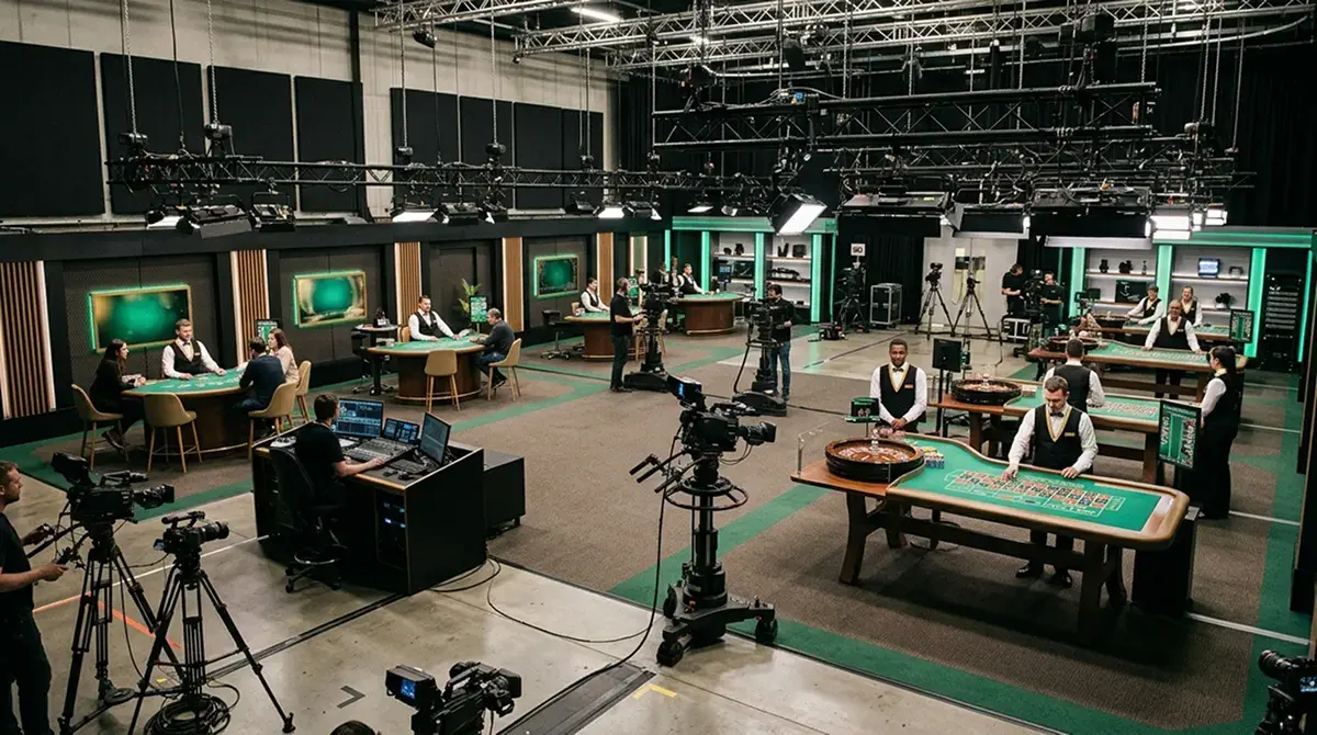 Studio-Setting mit mehreren Live-Casino-Tischen und Kameras zeigt professionelle Produktion