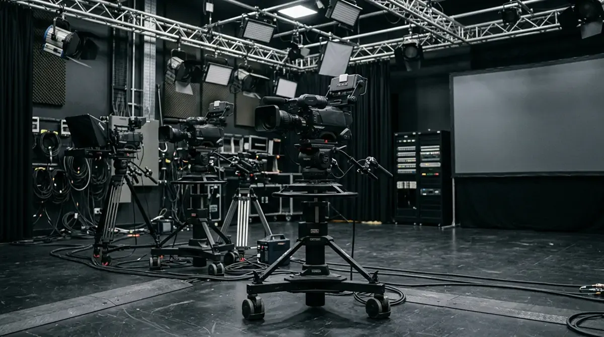 Ein Studio-Setting mit mehreren HD-Kamera-Standfüßen ohne Personen, gedämpftes Licht, professionelle Streaming-Atmosphäre