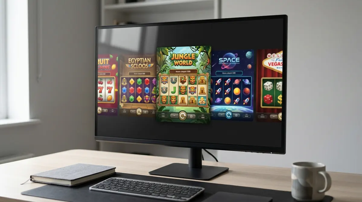 Fünf abstrakte Slot-Reels mit unterschiedlichen Farbfeldern nebeneinander auf einem Bildschirm ohne Marken-Logos