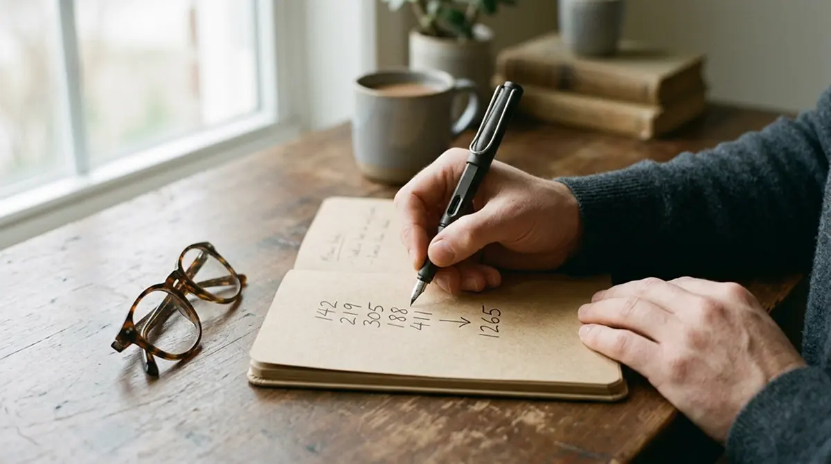 Notizbuch mit handschriftlicher Rechnung zu Spinwert, Umsatz und erwartetem Restbetrag