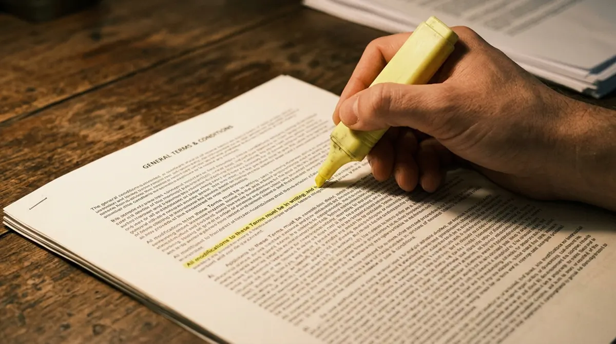 Stift markiert eine Zeile in gedruckten Teilnahmebedingungen