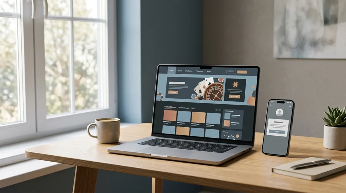Laptop mit neutraler Casino-Homepage im GGL-Rahmen und geöffnetem Verifizierungs-Interface
