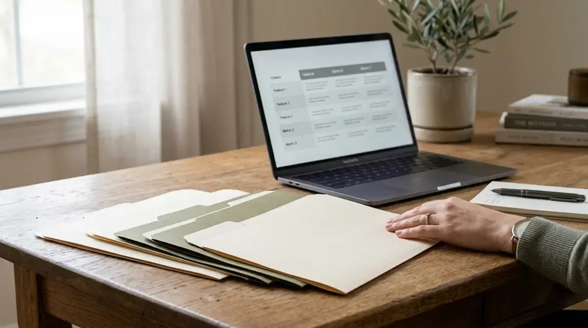 Aufgefächerte Dokumentenmappen und Laptop als Sinnbild für den Vergleich GGL-lizenzierter Anbieter