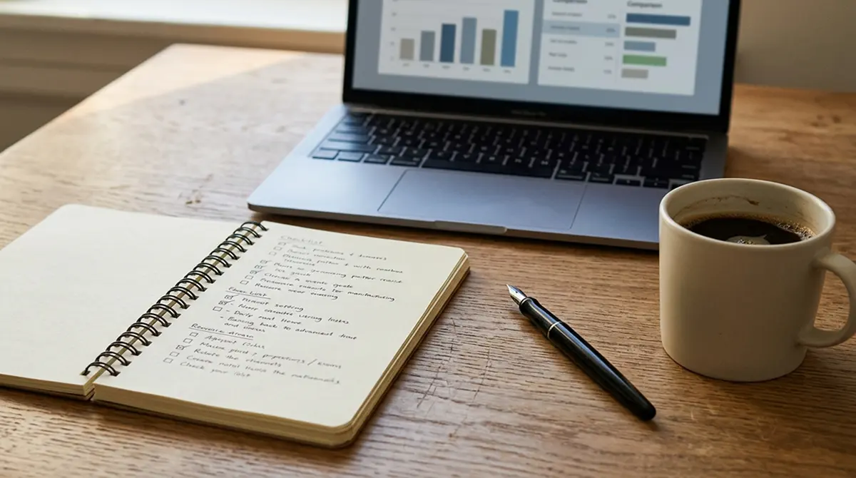 Notizbuch mit handschriftlicher Kriterien-Liste und Kaffeebecher neben einem Laptop im warmen Licht