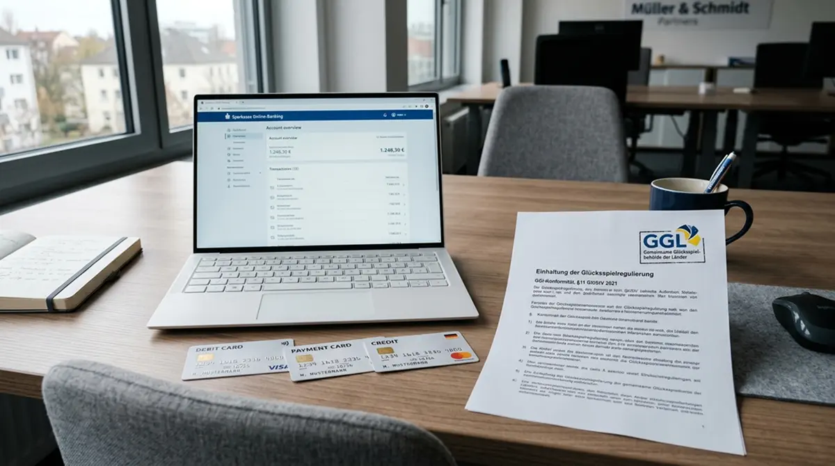 Laptop mit Banking-Interface und Zahlungskarten neben GGL-Dokument