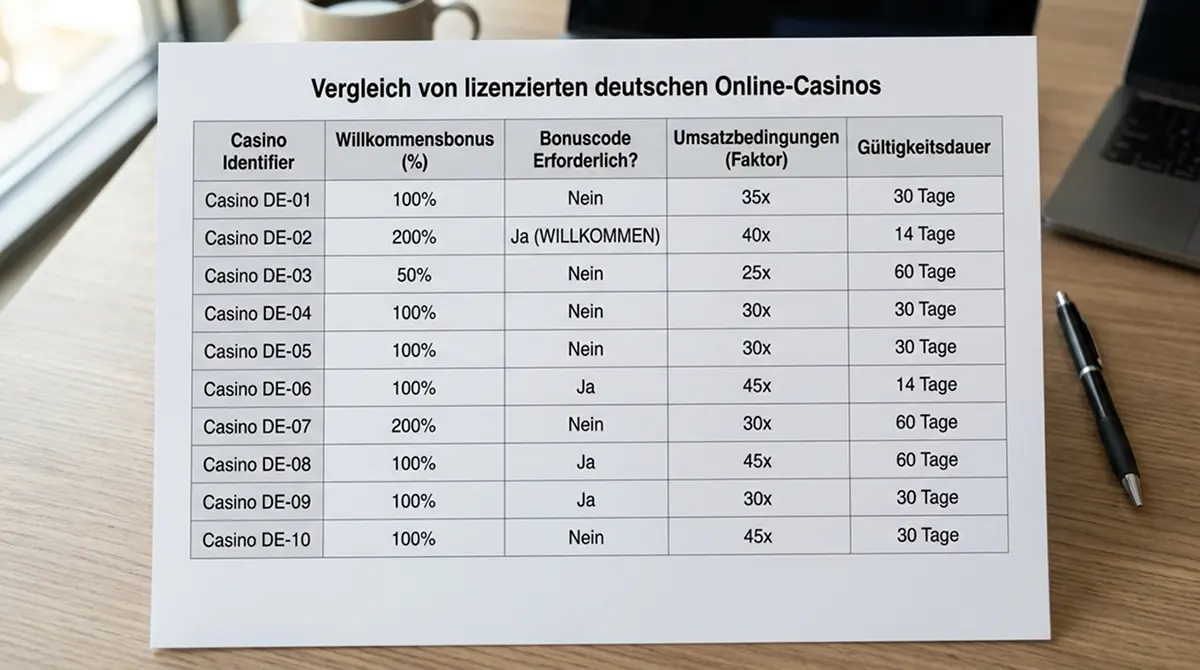 Vergleichstabelle mit zehn GGL-lizenzierten Casinos und ihren Bonusangeboten