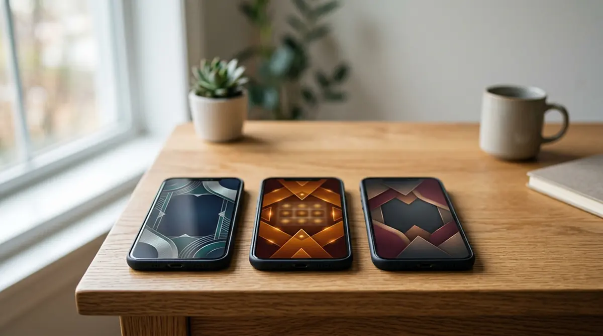 Drei nebeneinander stehende Smartphone-Bildschirme mit neutralen Casino-Interfaces ohne Marken-Logos