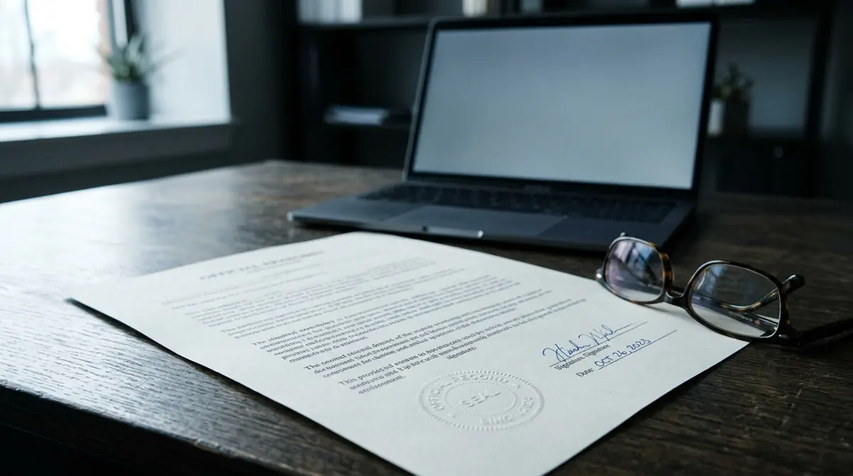 Amtliches Dokument mit Stempel neben einem Laptop als Sinnbild der deutschen Erlaubnis